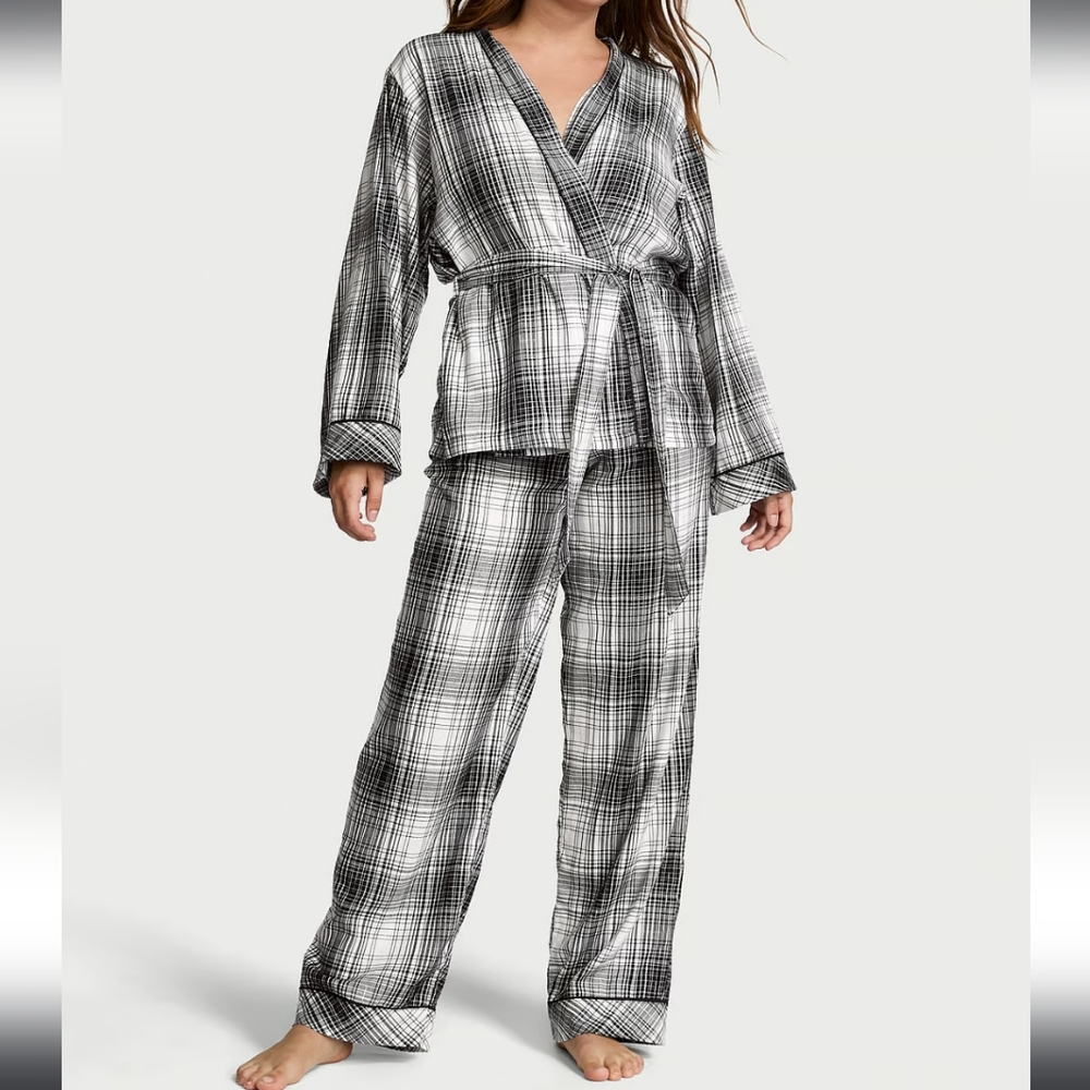 Victoria's Secret Plaid Flannel Wrap Long Pajama Sleepwear Set XL Brand New